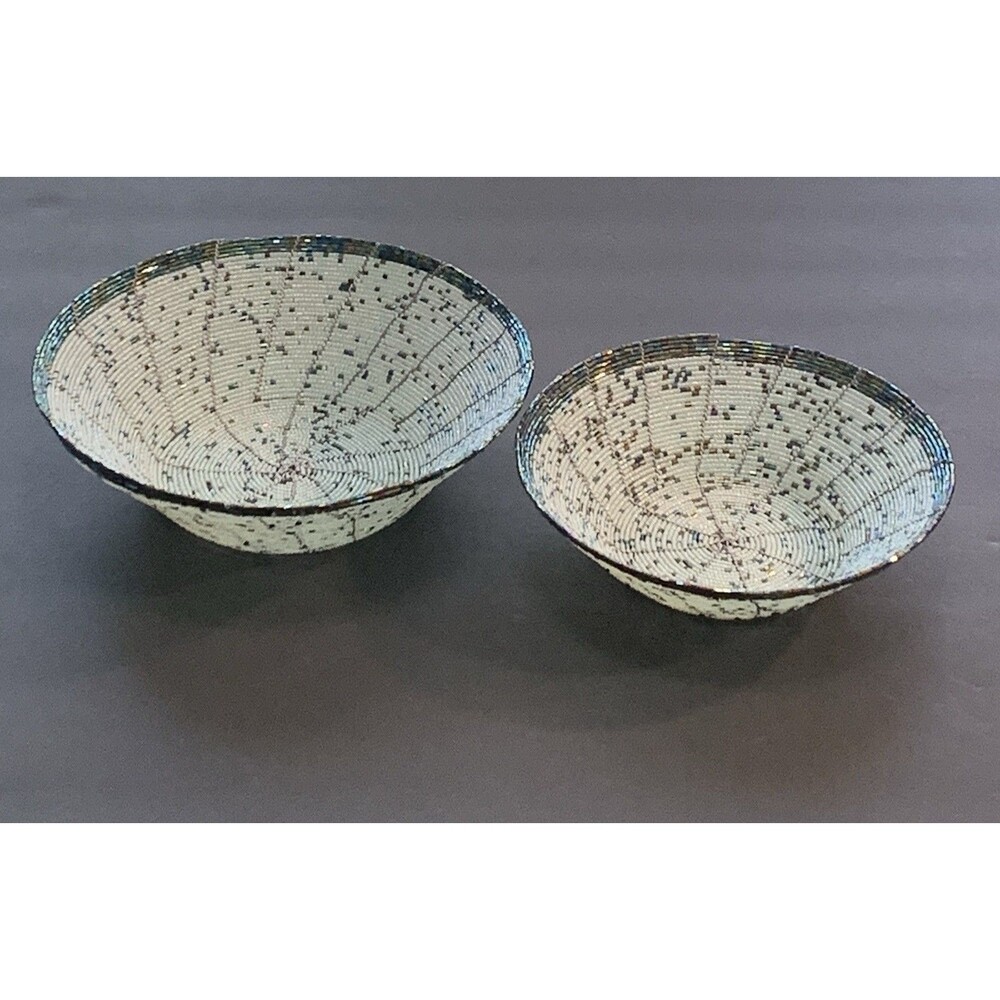 Seed Bead Wire Baskets Woven Handcrafted Iridescent Bowls African Decor Set Of 2